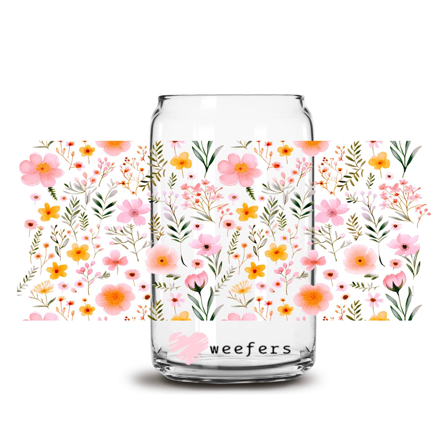 Pink Dainty Flowers 16oz Libbey Glass Can UV DTF or Sublimation Wrap - Transfer - Weefers