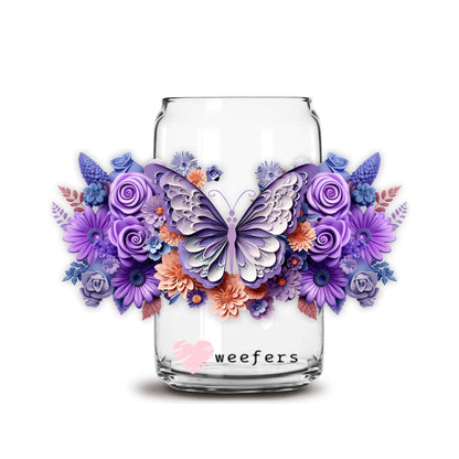 3D Purple Butterfly Floral 16oz Libbey Glass Can UV DTF or Sublimation Cup Wrap - Decal Transfer - Weefers