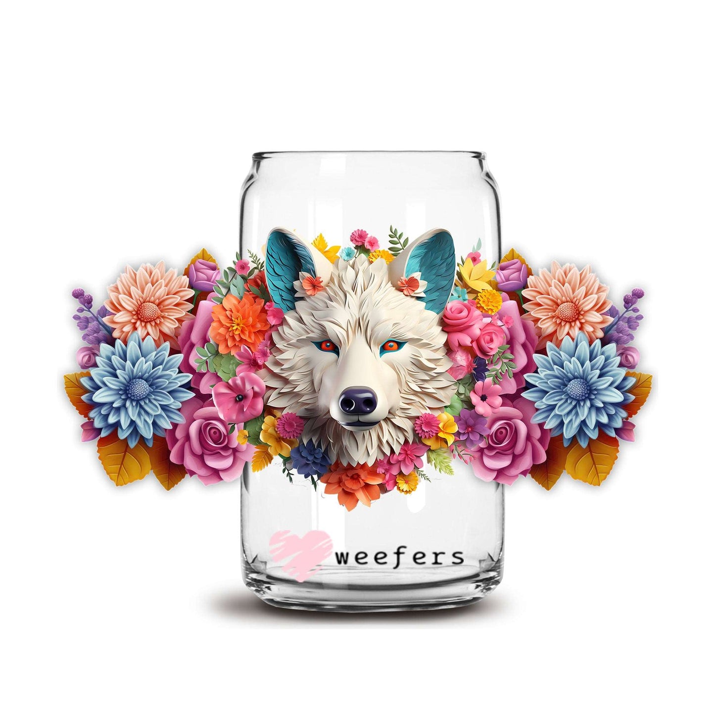 3D White Wolf Floral 16oz Libbey Glass Can UV DTF or Sublimation Cup Wrap - Decal Transfer - Weefers