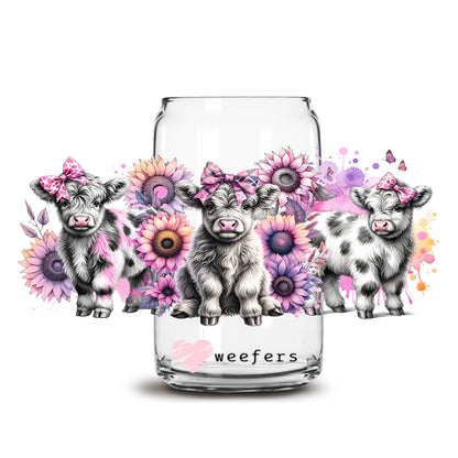 Pink Sunflower Spotted Highlander Cow 16oz Libbey Glass Can UV DTF or Sublimation Wrap Transfer - Weefers