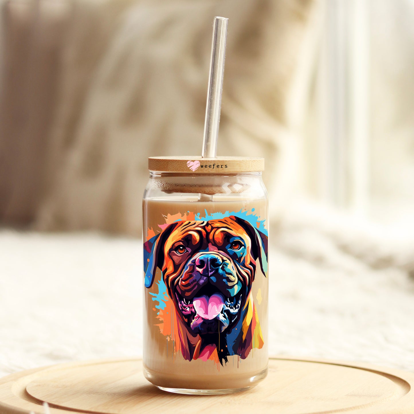 Bullmastiff Colorful Watercolor 16oz Libbey Glass Can UV DTF or Sublimation Wrap - Decal - Weefers