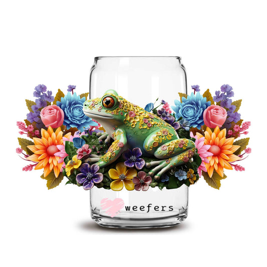 3D Frog Floral 16oz Libbey Glass Can UV DTF or Sublimation Cup Wrap - Decal Transfer - Weefers