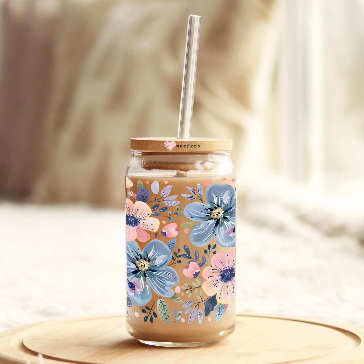 Pink and Blue Flowers 16oz Libbey Glass Can UV DTF or Sublimation Wrap Decal Transfer - Weefers