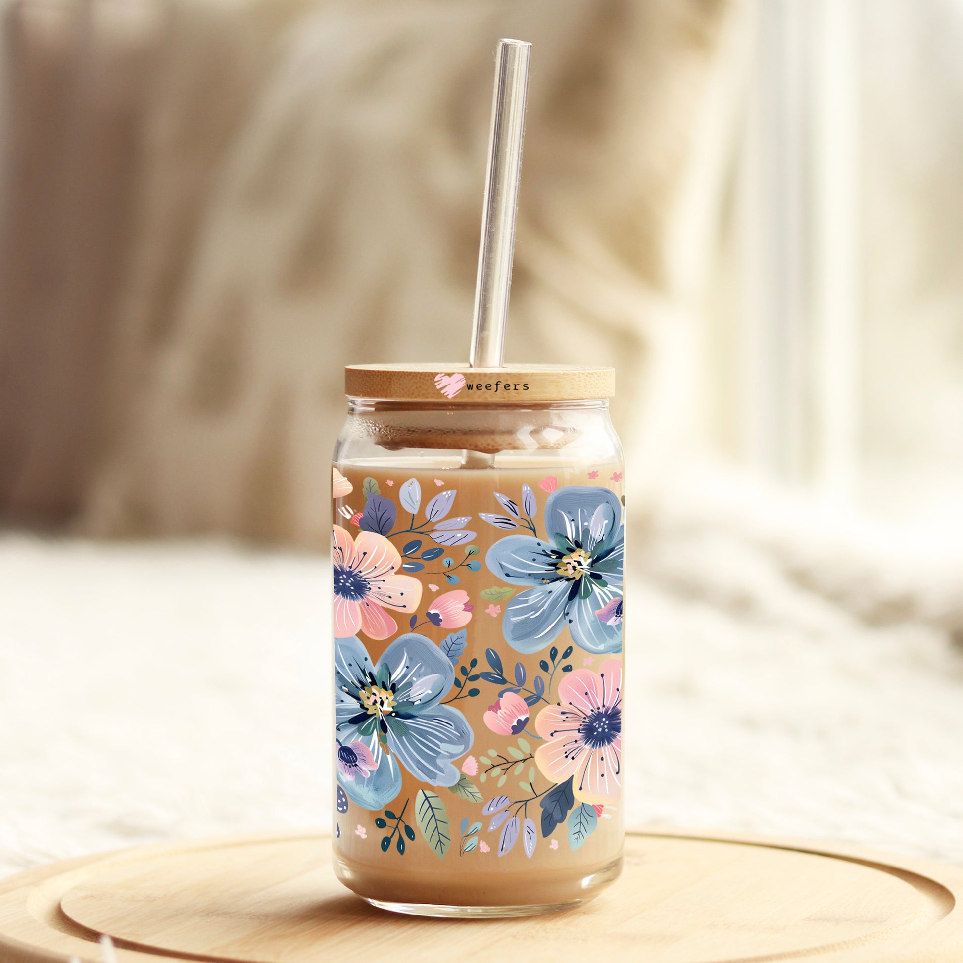 Pink and Blue Flowers 16oz Libbey Glass Can UV DTF or Sublimation Wrap Decal Transfer - Weefers