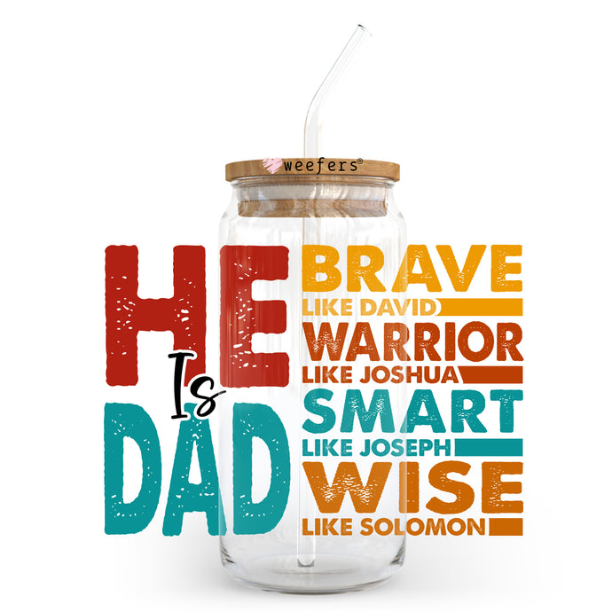 a mason jar with a straw in it with the words he is a dad on