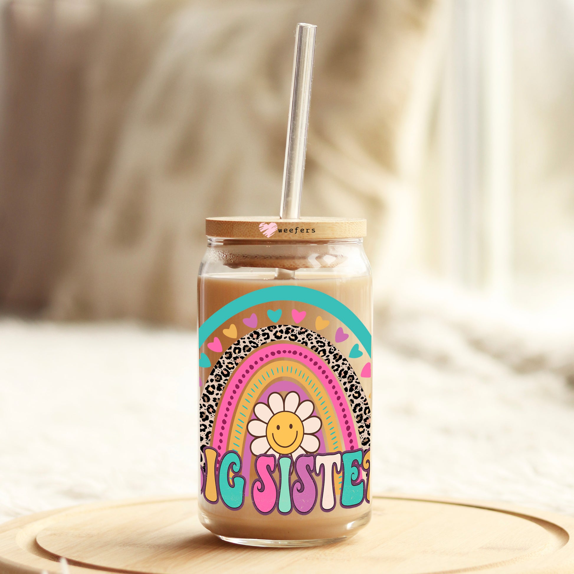 Big Sister Flower and Rainbow 16oz Libbey Glass Can UV DTF or Sublimation Wrap - Decal Transfer - Weefers