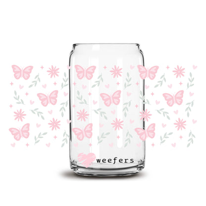 Dainty Pink Butterflies 16oz Libbey Glass Can UV DTF or Sublimation Wrap Decal Transfer - Weefers