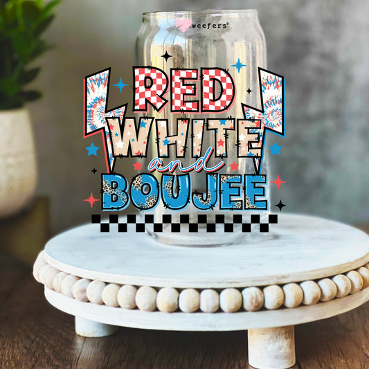 Red White and Boujee 4th of July 16oz Libbey Glass Can UV DTF or Sublimation Wrap Decal Transfer - Weefers