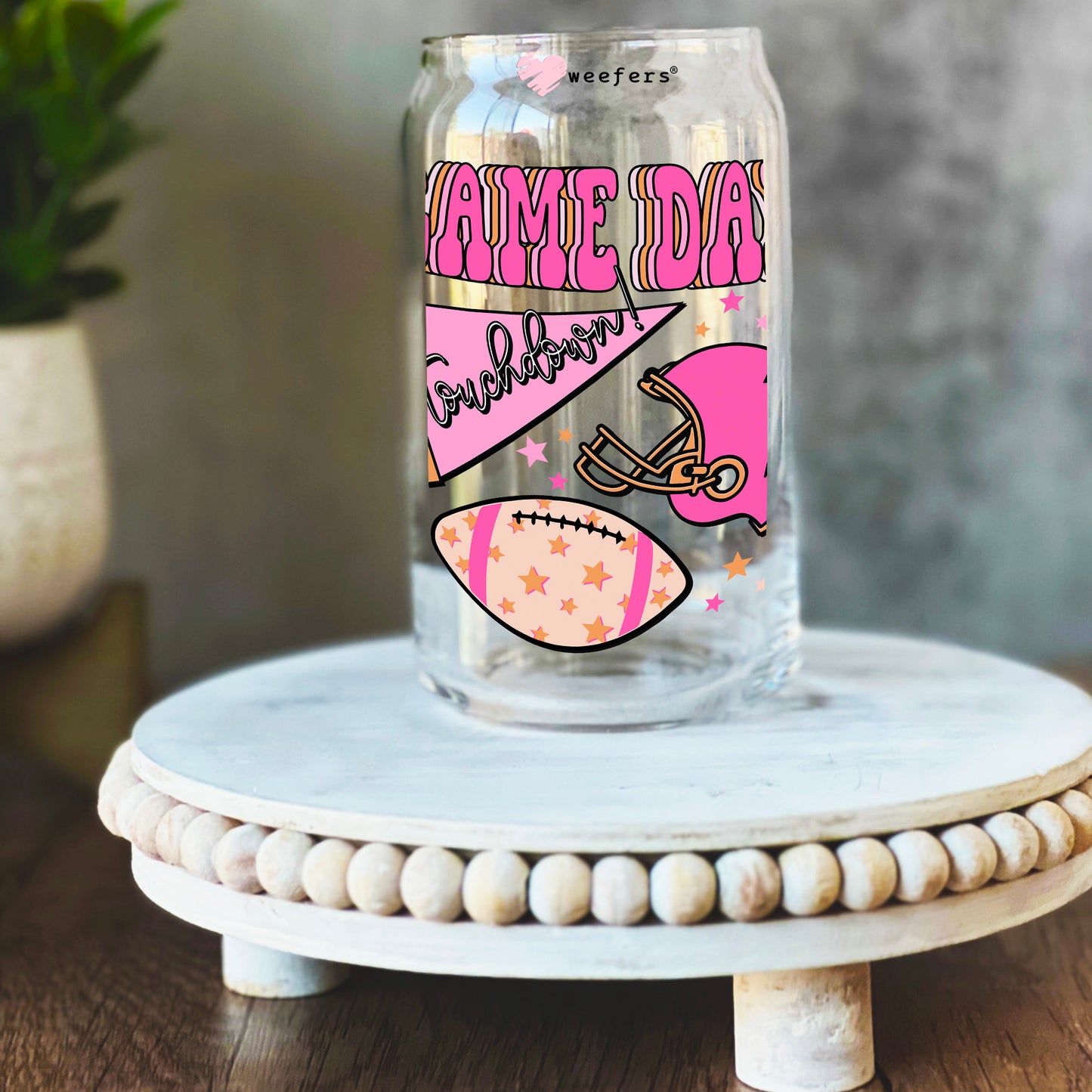 Football Pink Game Day 16oz Libbey Glass Can UV DTF Decal Transfer - Weefers