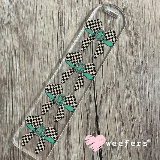 Checkered Black Bow Turquoise UV DTF Decal Bookmark Weefers