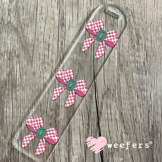 Pink Checkered Bow Turquoise UV DTF Decal Bookmark Weefers