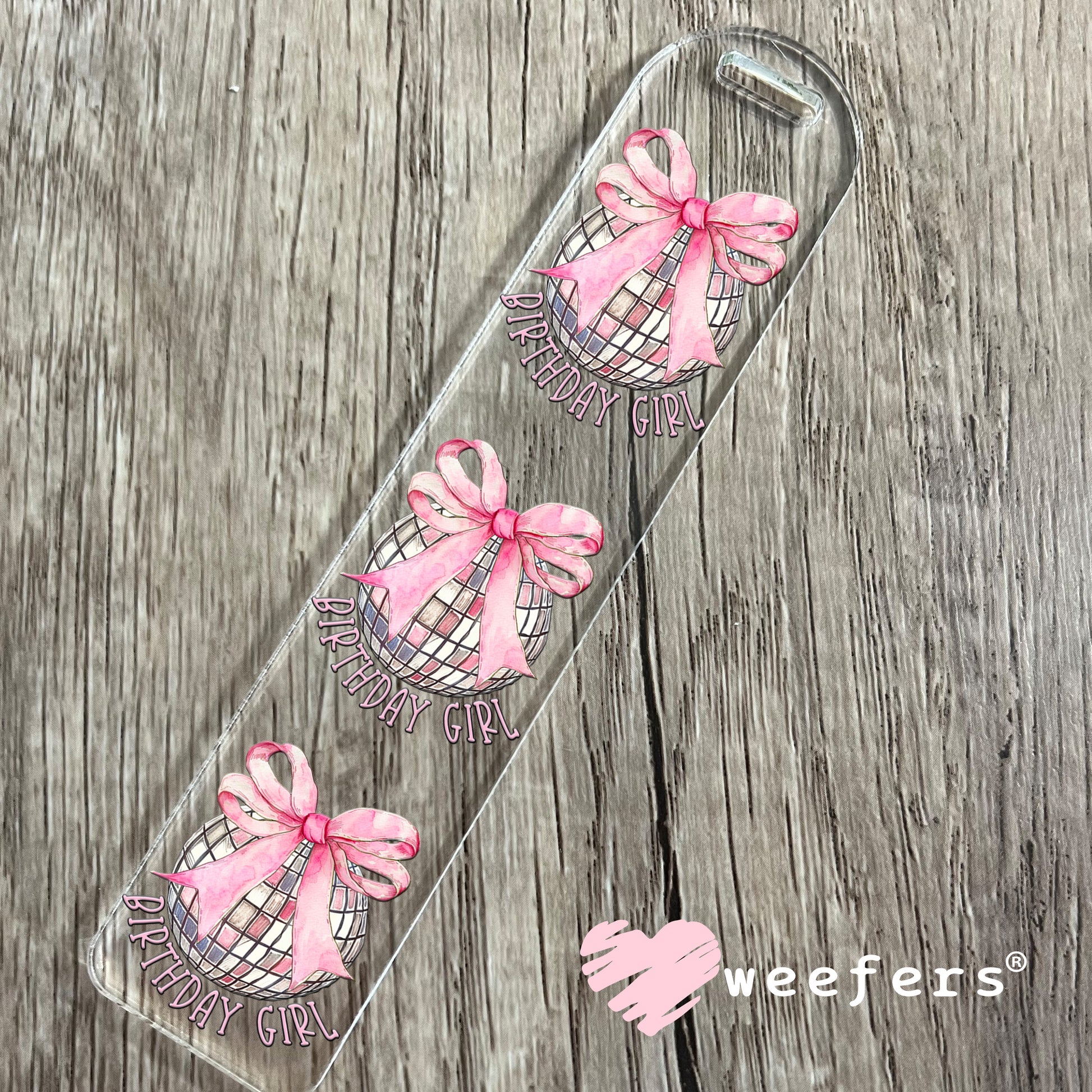 Disco Ball Pink Bow Birthday Girl UV DTF Decal Bookmark Weefers