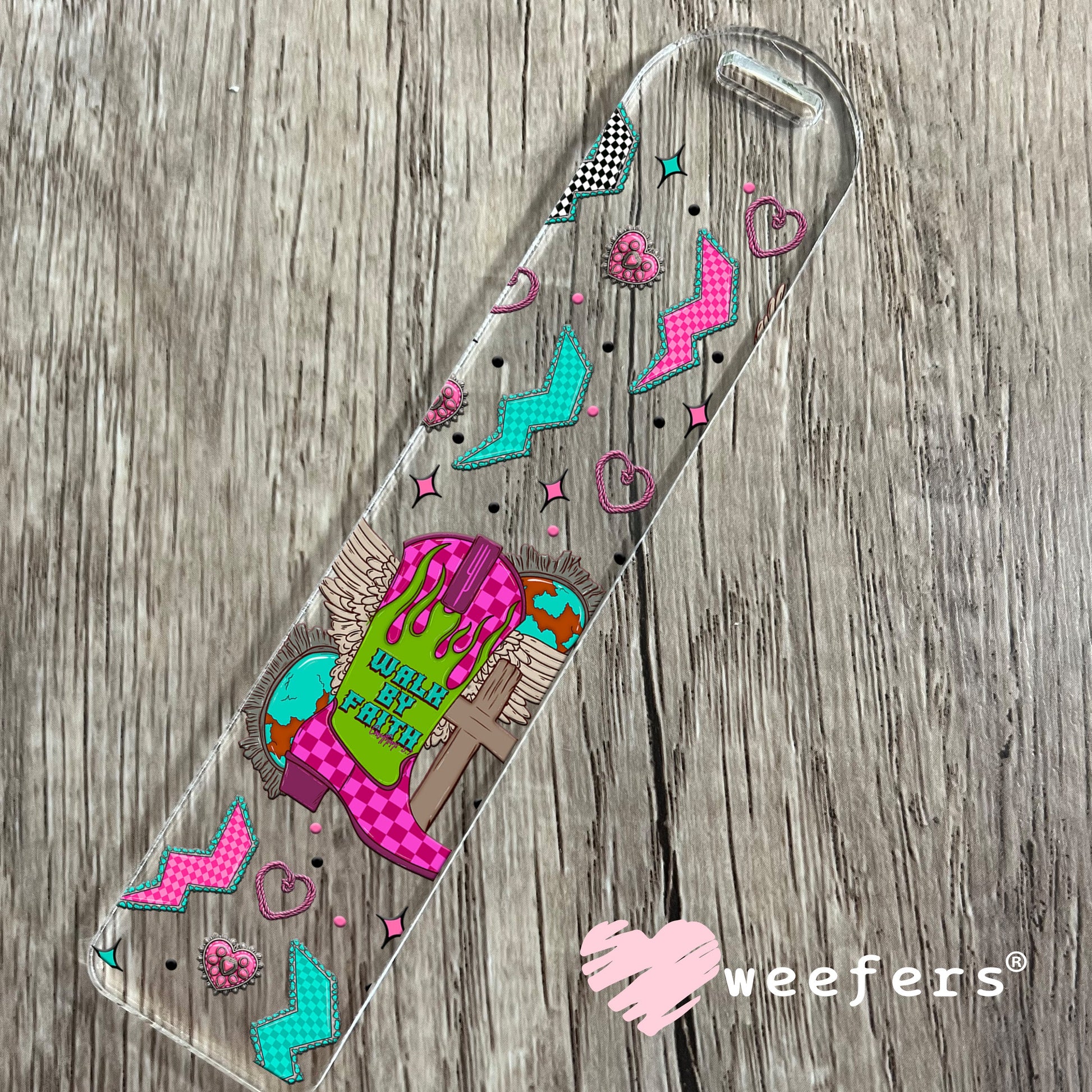 Walk By Faith Pink and Teal Cowgirl UV DTF Cup Wrap Bookmark Weefers