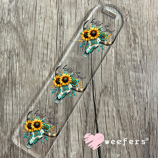 Wild Soul Teal Sunflower Cow Skull UV DTF Decal Bookmark Weefers