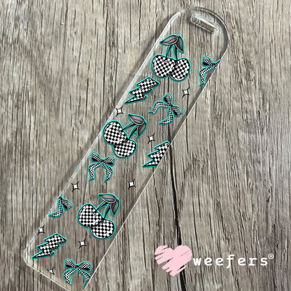 Teal Black and White Checkered Cherries and Bows UV DTF Cup Wrap - WEEFERS EXCLUSIVE WRAP Bookmark Weefers