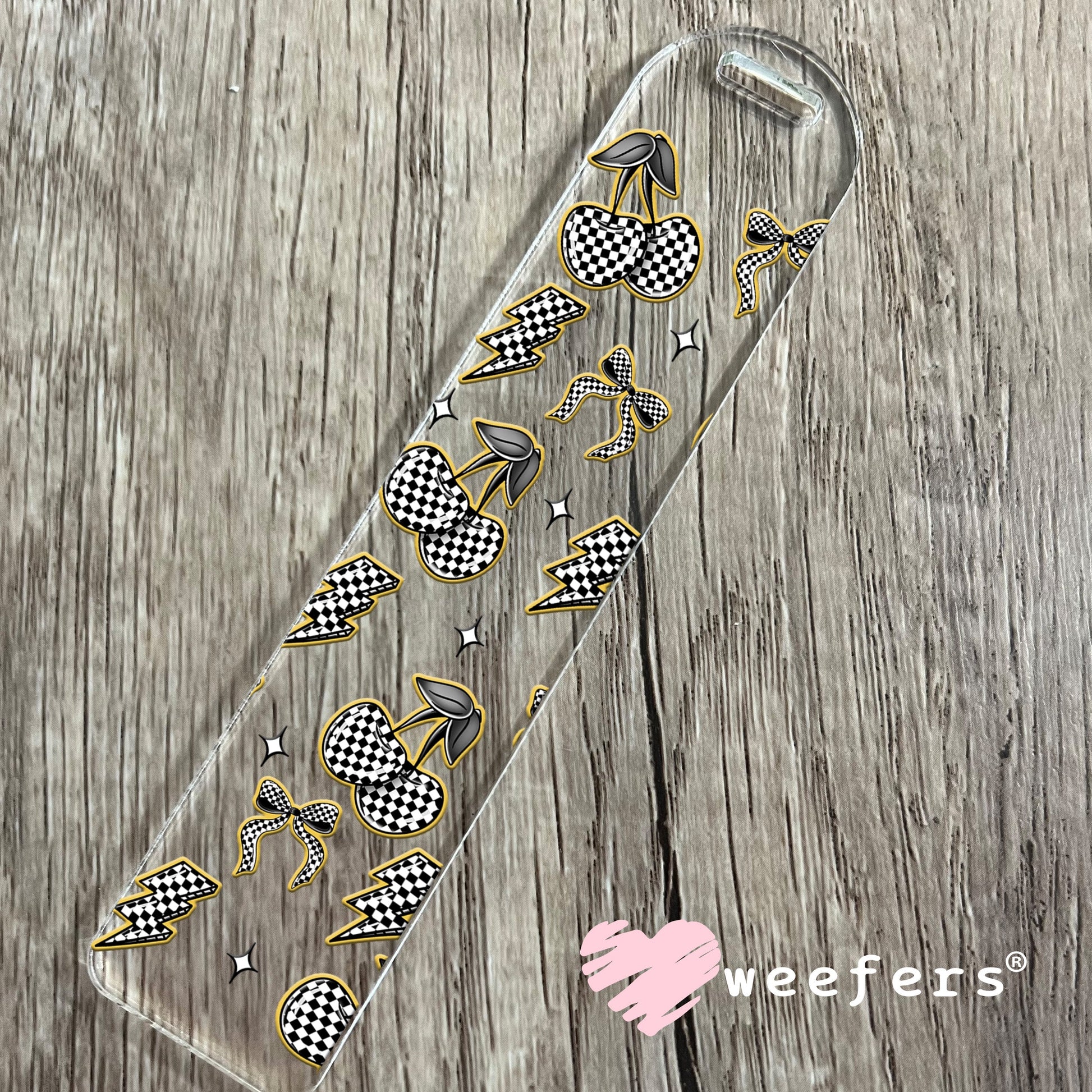 Yellow Black and White Checkered Cherries and Bows UV DTF Cup Wrap - WEEFERS EXCLUSIVE WRAP Bookmark Weefers
