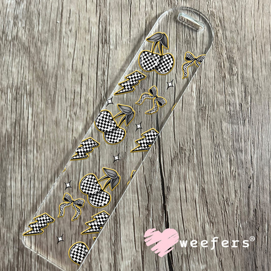Yellow Black and White Checkered Cherries and Bows UV DTF Cup Wrap - WEEFERS EXCLUSIVE WRAP Bookmark Weefers