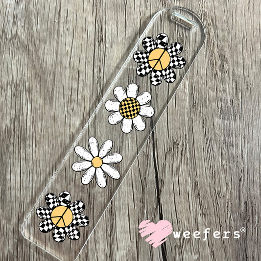Black and White Checkered Flowers and White Daisies Lined UV DTF Cup Wrap Bookmark Weefers
