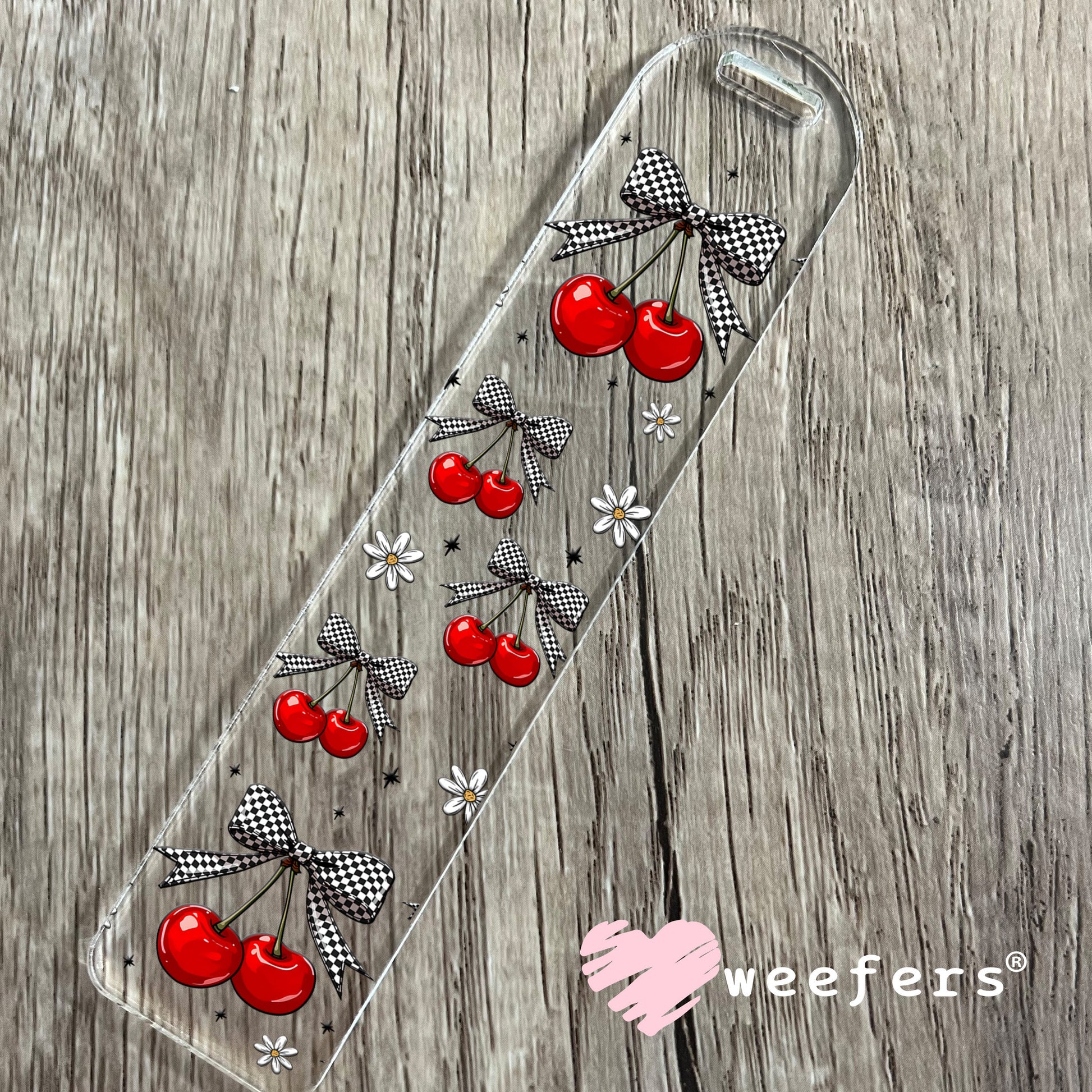 Black and White Checkered Bow Cherries UV DTF Cup Wrap - - Weefers® Exclusive Bookmark Weefers