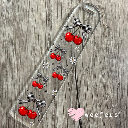 Black and White Checkered Bow Cherries UV DTF Cup Wrap - - Weefers® Exclusive Bookmark Weefers