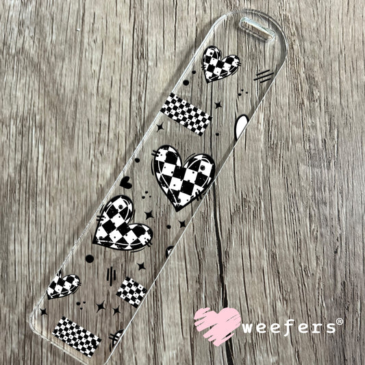Black and White Checkered Hearts Black UV DTF Cup Wrap Bookmark Weefers