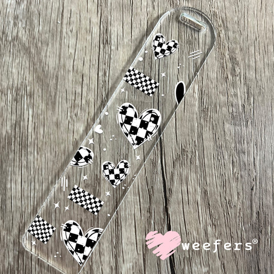 Black and White Checkered Hearts White UV DTF Cup Wrap Bookmark Weefers