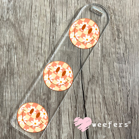 Yellow and Coral Checkered Flower Smile Face UV DTF Decal Bookmark Weefers