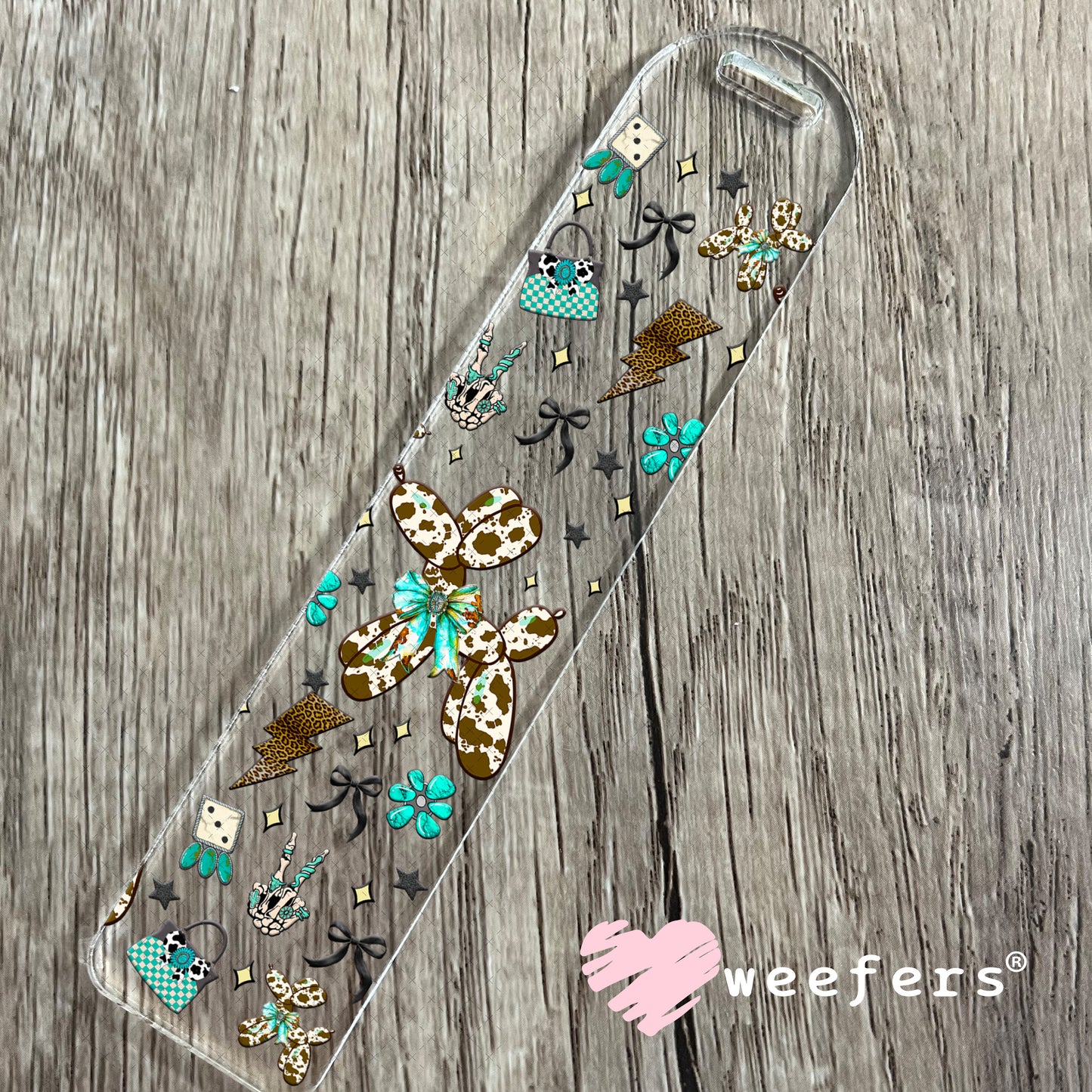 Brown Cow Print Balloon Dog Teal Bow UV DTF Cup Wrap - Weefers Exclusive Bookmark Weefers