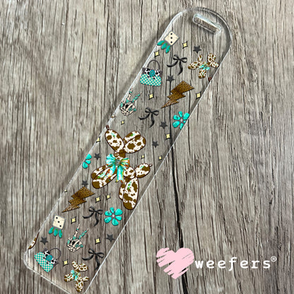 Brown Cow Print Balloon Dog Teal Bow UV DTF Cup Wrap - Weefers Exclusive Bookmark Weefers