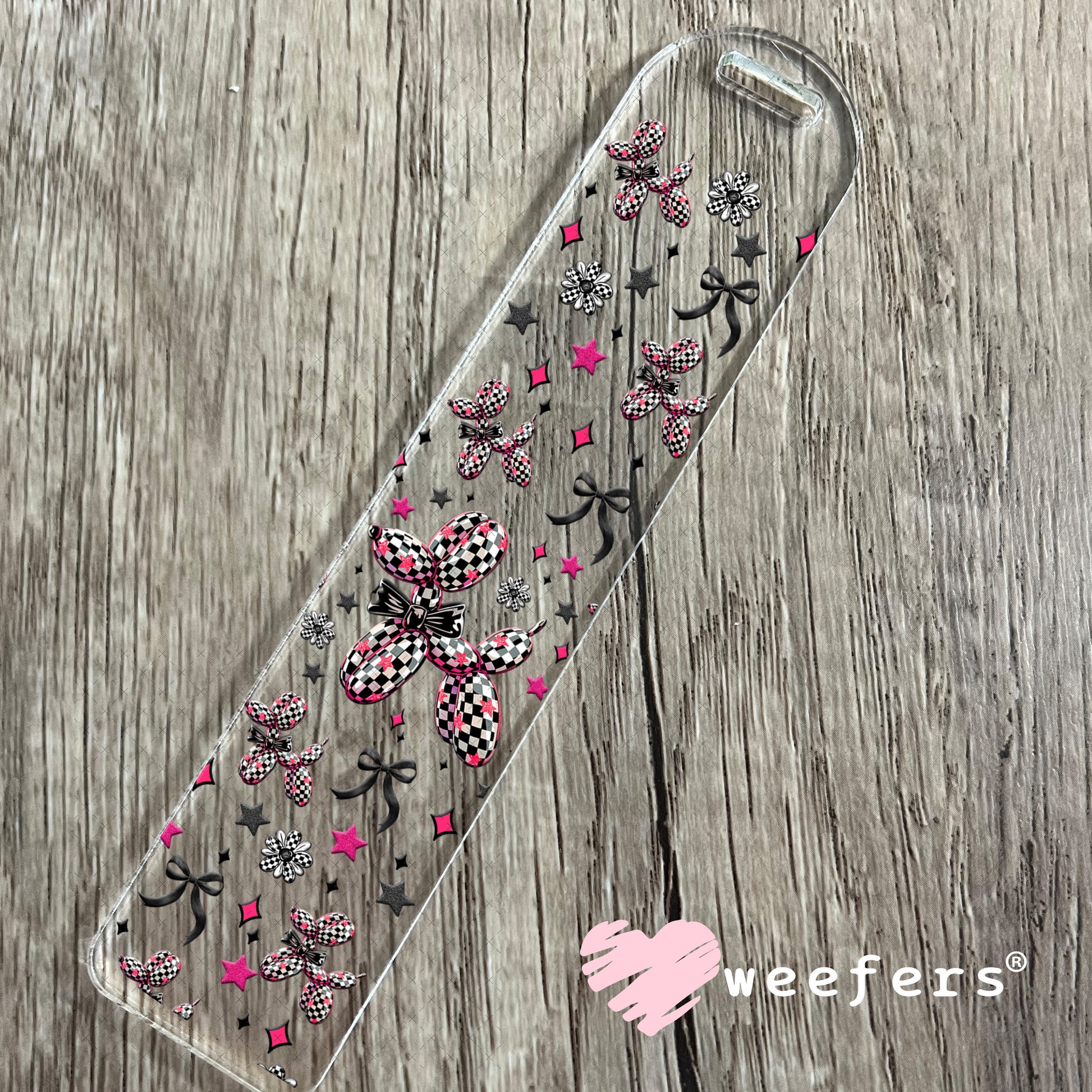 Black and White Checkered Pink Balloon Dog Teal Bow UV DTF Cup Wrap - Weefers® Exclusive Bookmark Weefers