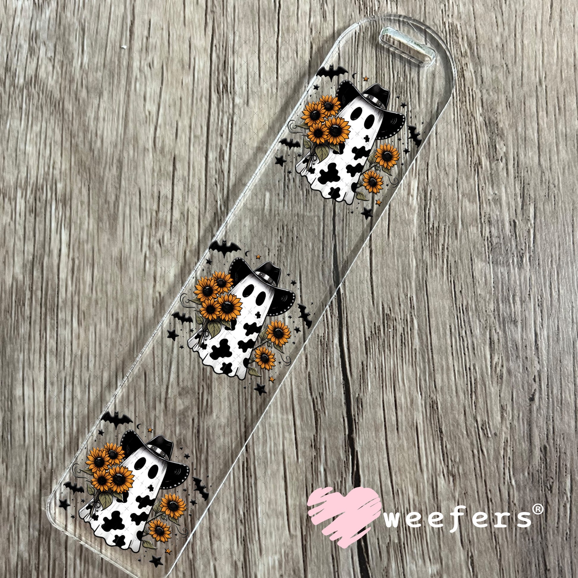 Cow Print Ghost Sunflowers Halloween UV DTF Decal Bookmark Weefers