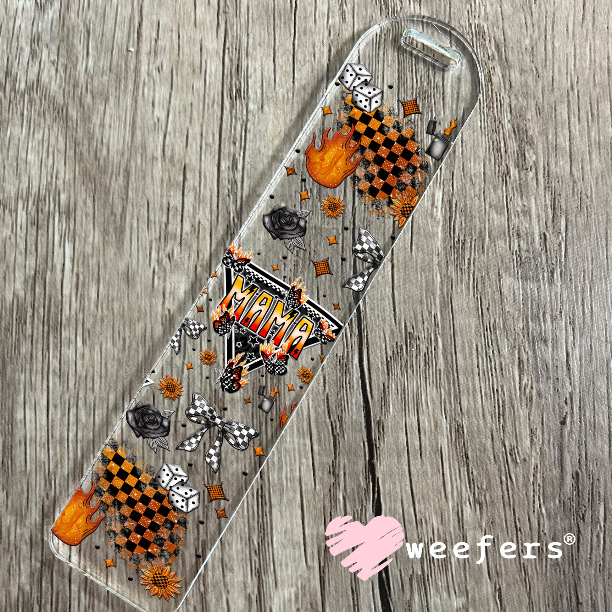 Mama Flames Checkered UV DTF Cup Wrap - Weefers Exclusive Bookmark Weefers