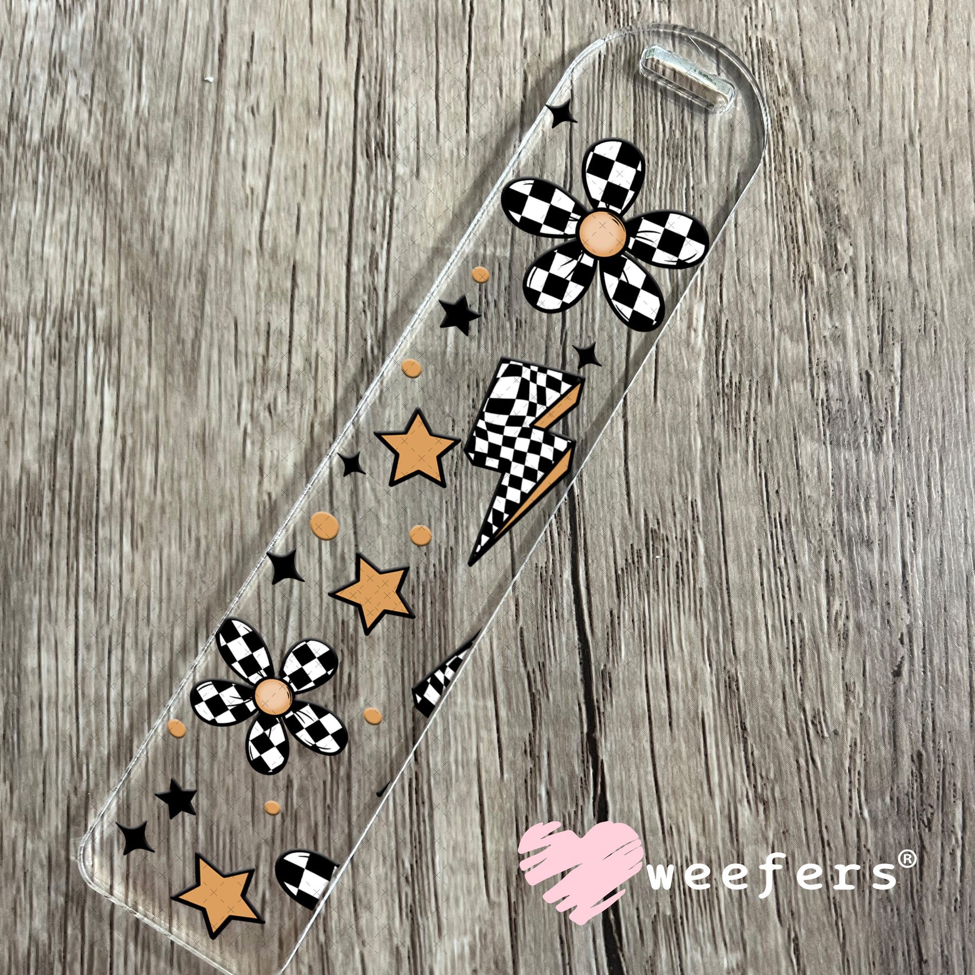 Black and White Checkered Flowers Lightening Bolts UV DTF Cup Wrap Bookmark Weefers