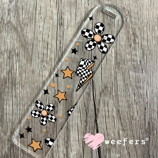 Black and White Checkered Flowers Lightening Bolts UV DTF Cup Wrap Bookmark Weefers
