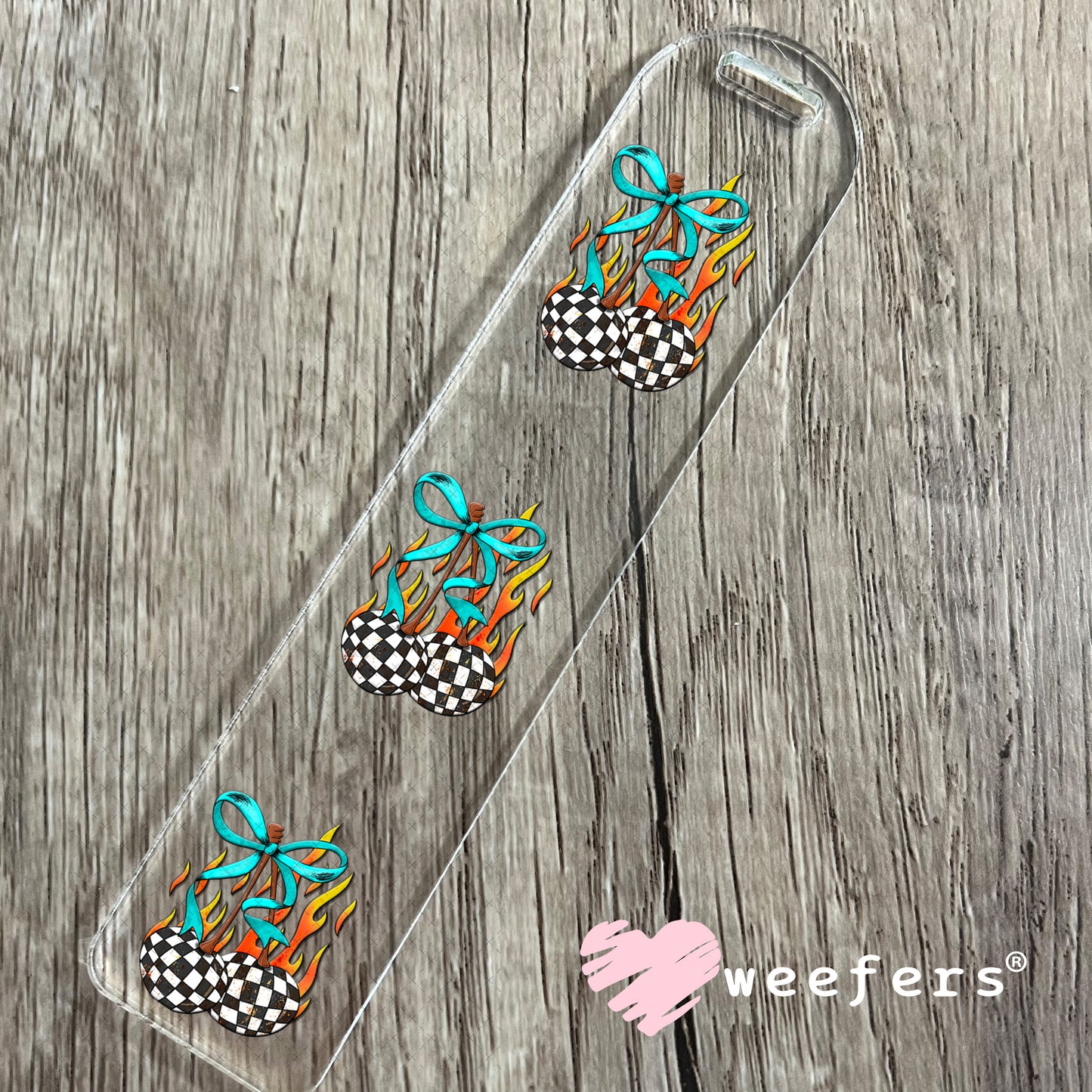 Checkered Cherries with Teal Bow UV DTF Decal Bookmark Weefers