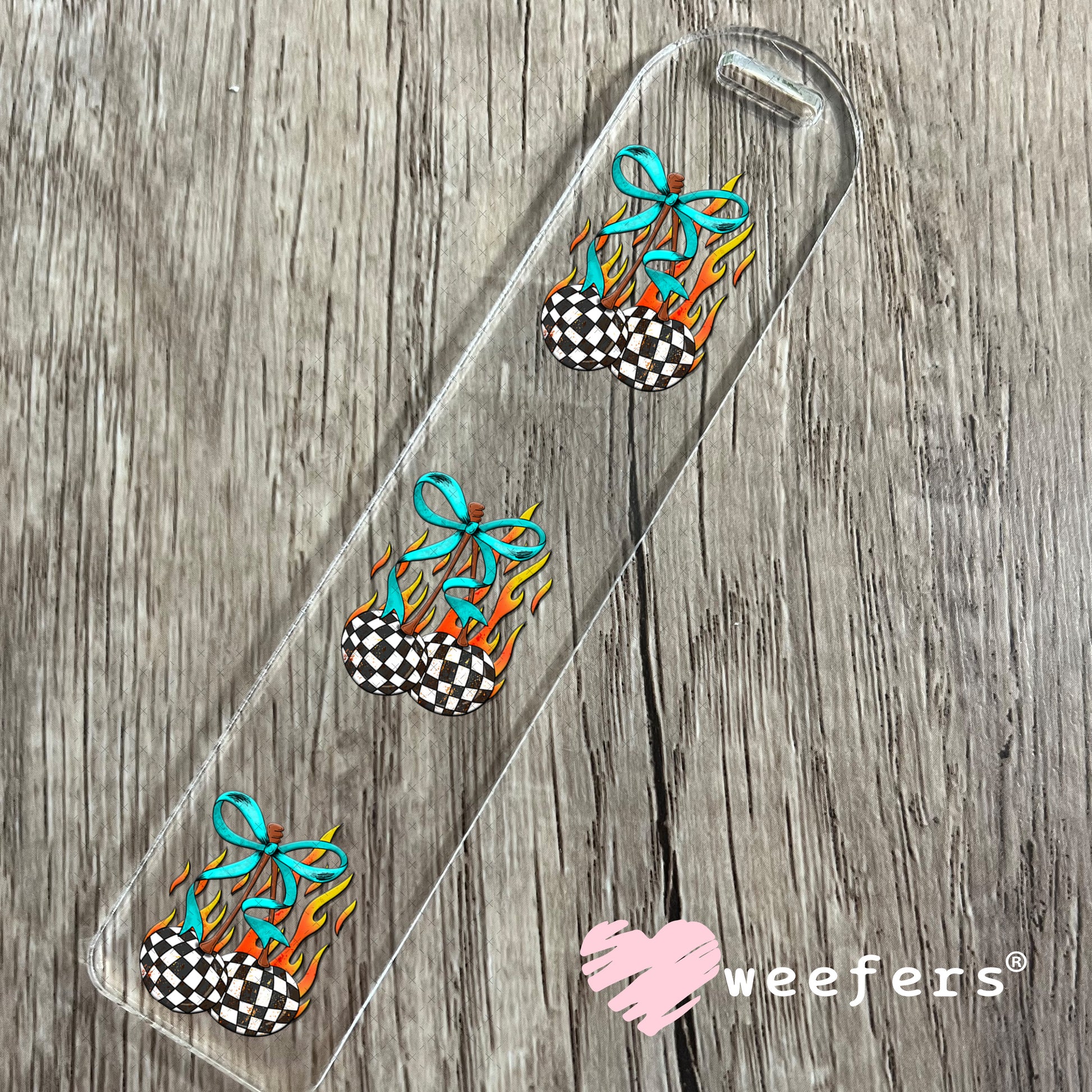 Checkered Cherries with Teal Bow UV DTF Decal Bookmark Weefers