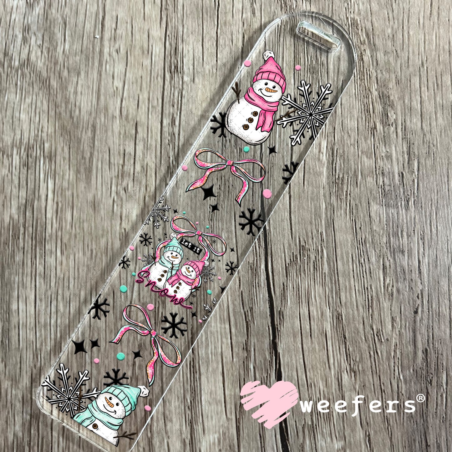 Let it Snow Pink and Blue Snowmen UV DTF Cup Wrap Bookmark Weefers