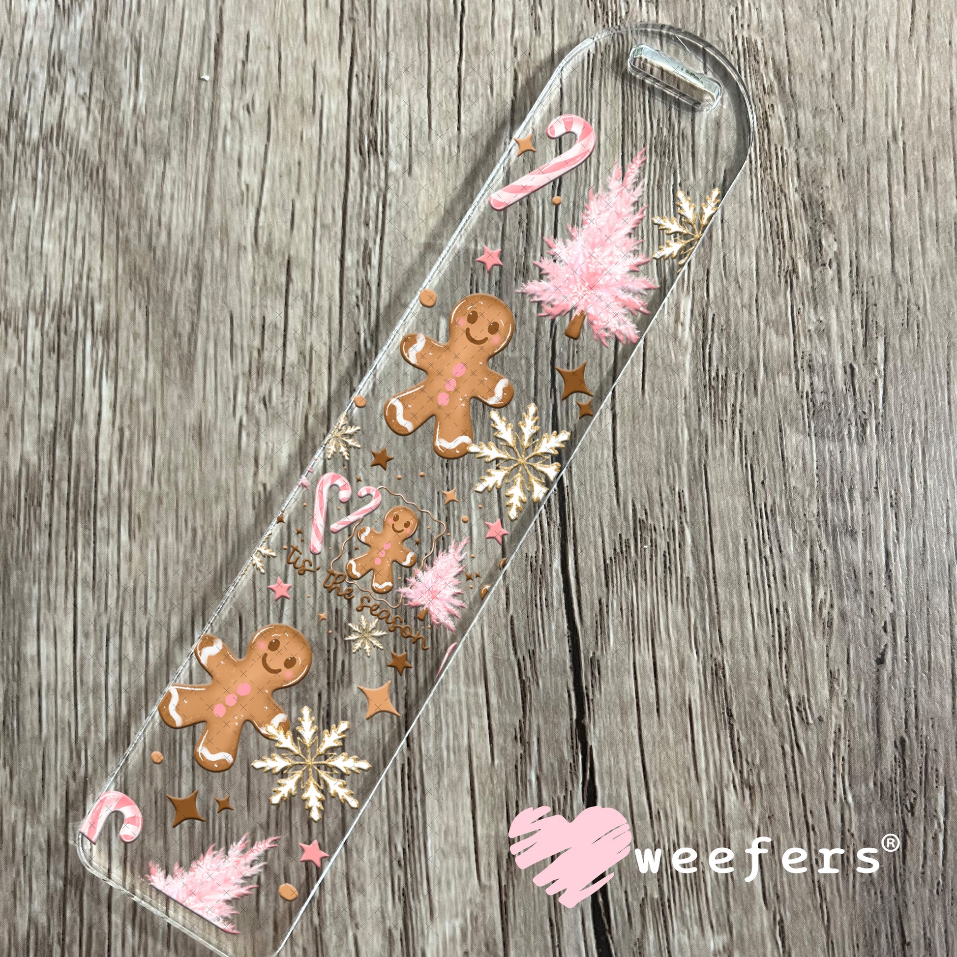 Tis the Season Pink Christmas Gingerbread and Trees UV DTF Cup Wrap Bookmark Weefers