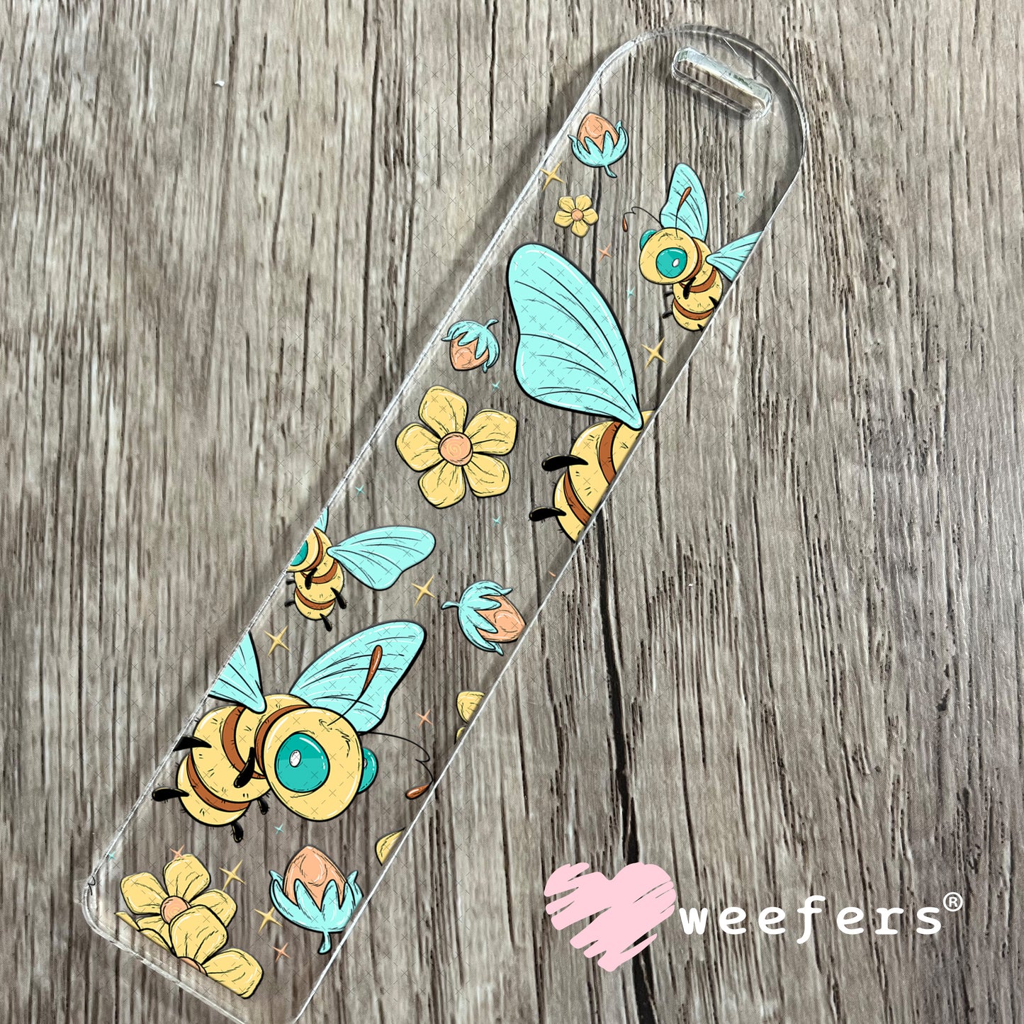UV DTF Cup Wrap – Whimsical Teal and Yellow Bees Bookmark Weefers