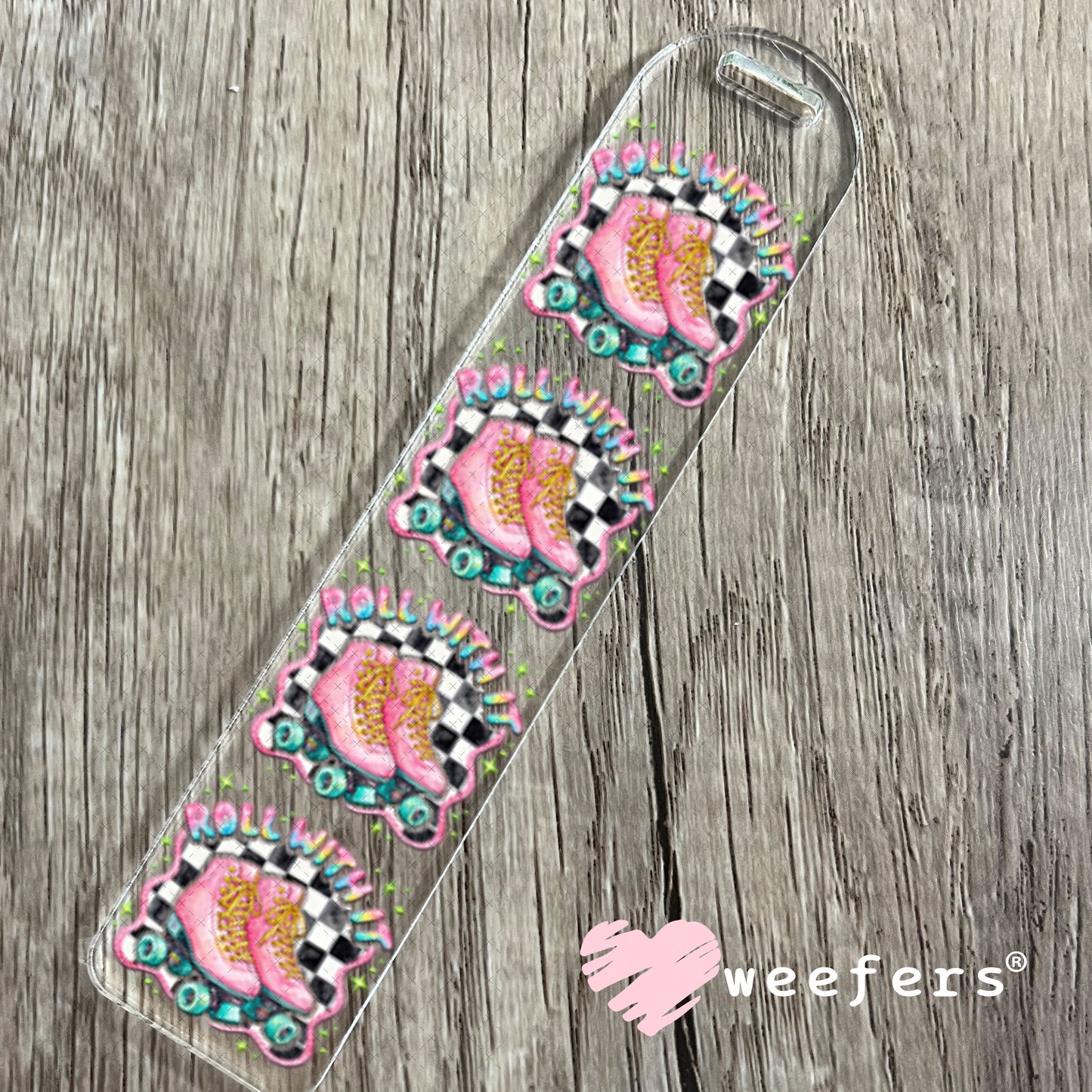 UV DTF Decal - Roll With It Light Pink Blue Skates Bookmark Weefers