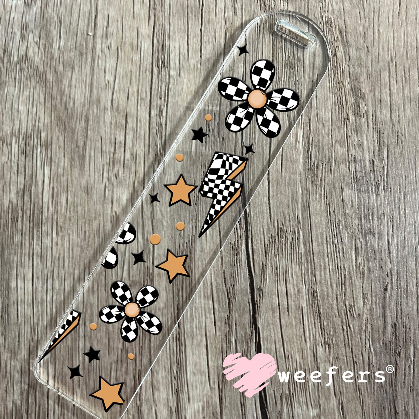 Checkered Lightening Bolts and Flowers UV DTF Bookmark Decal