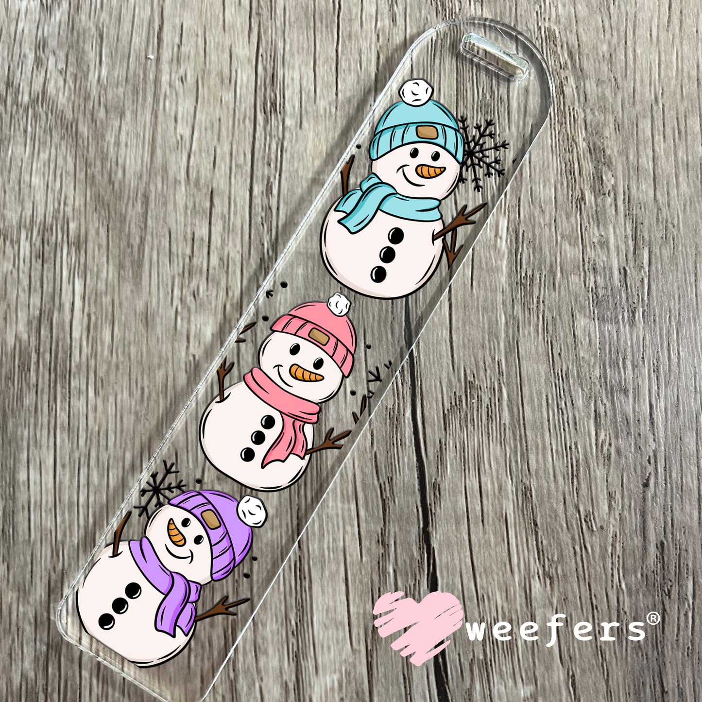 Snowmen Trio Blue Pink Purple UV DTF Bookmark Decal