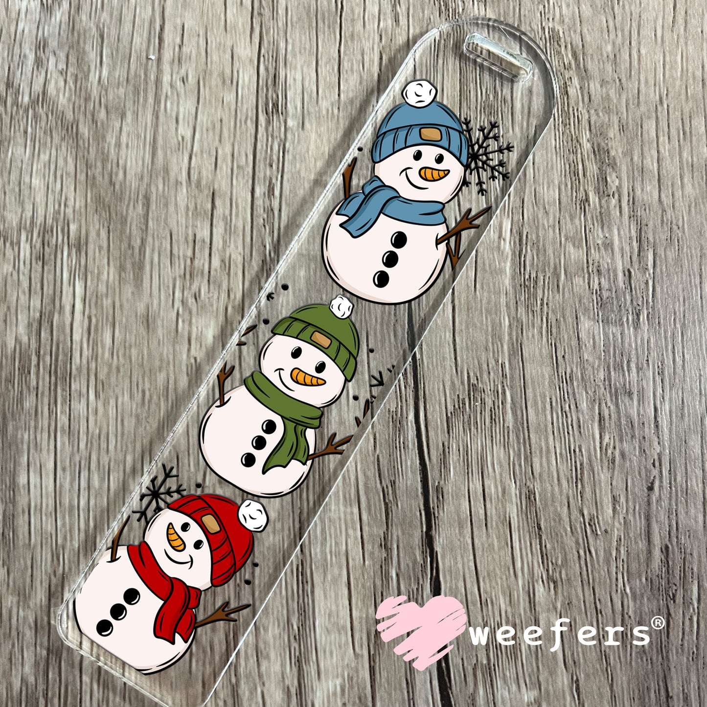 Snowmen Trio Blue Green Red UV DTF Bookmark Decal