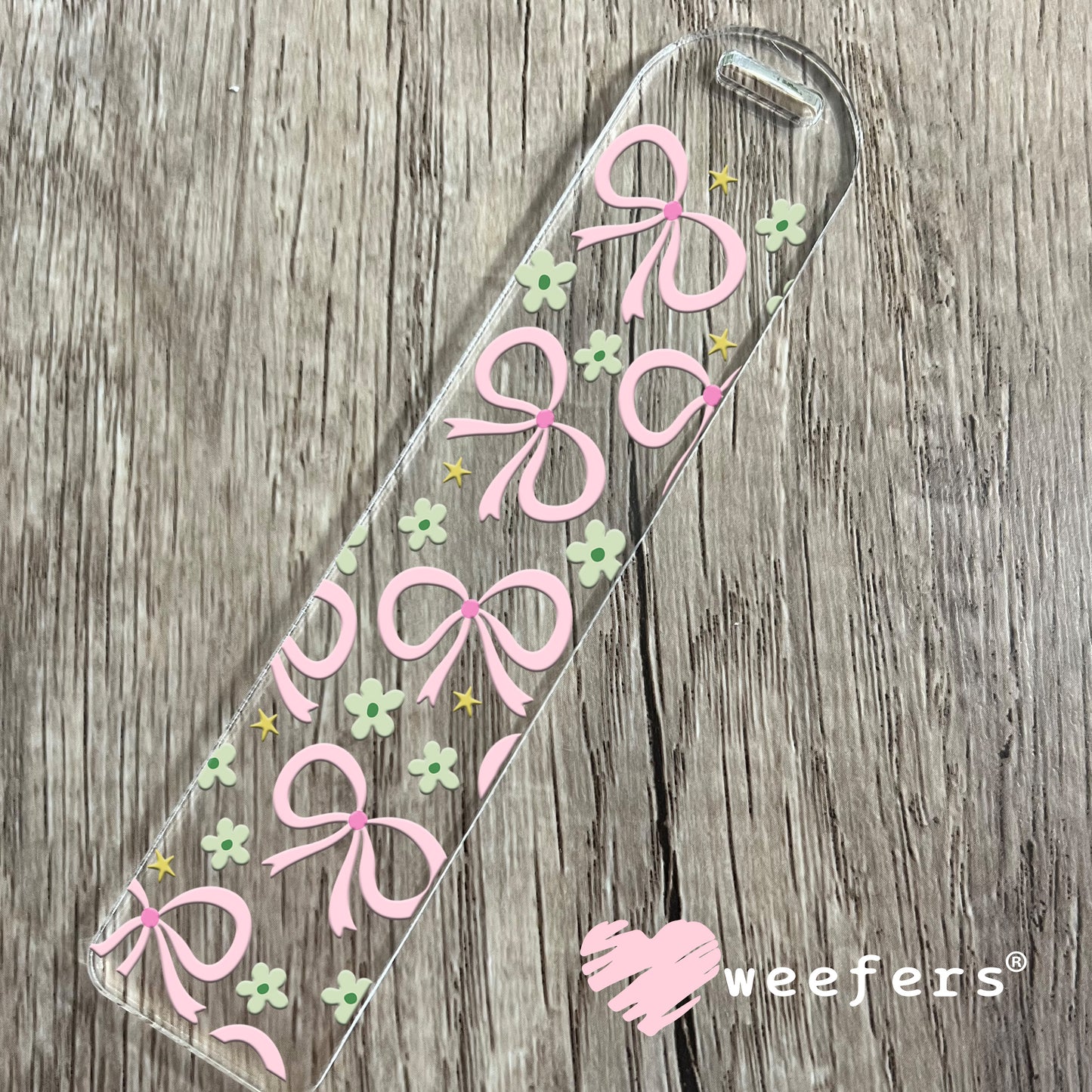 Pretty Pink Bows and Dainty Green Flowers UV DTF Bookmark Decal