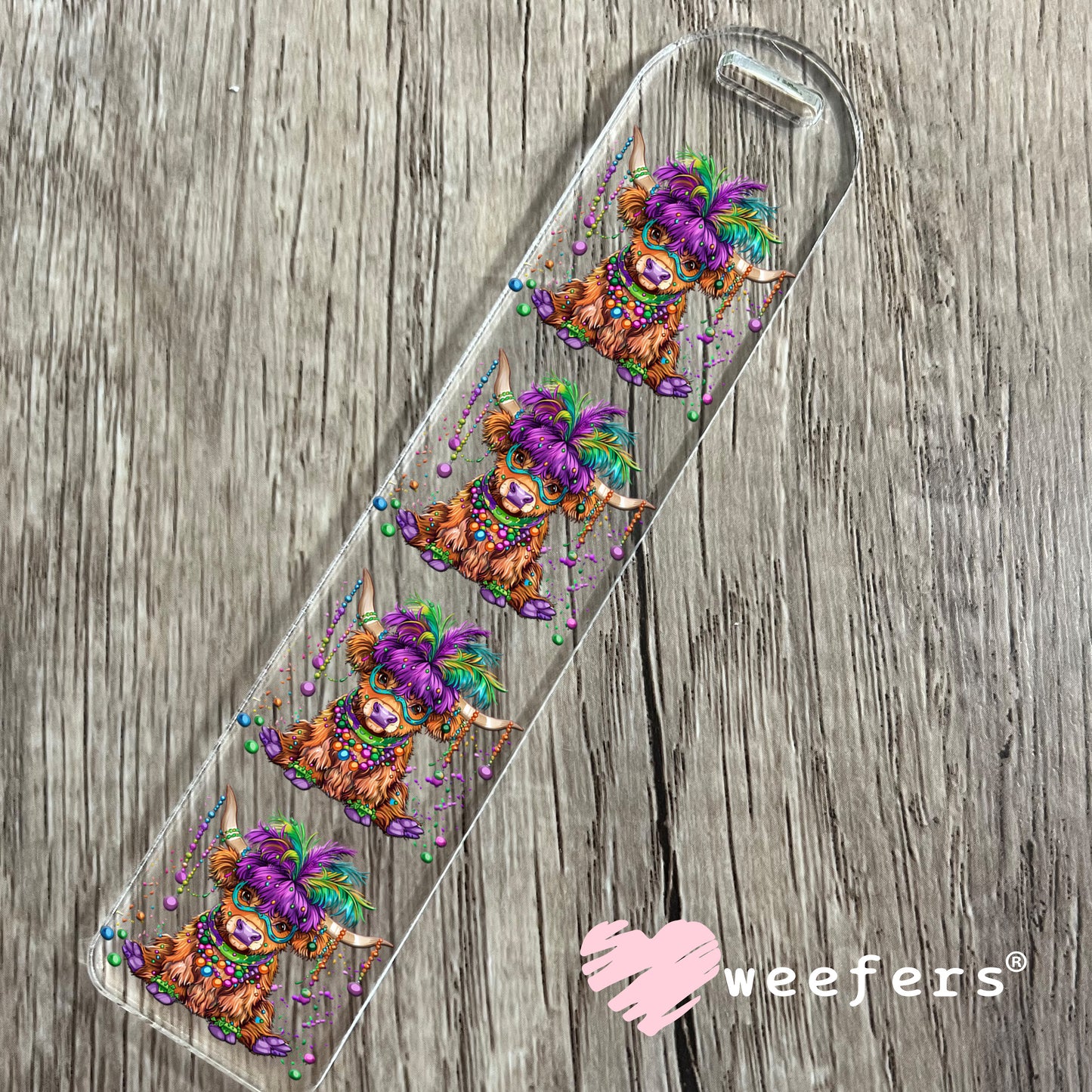 Mardi Gras Bougee Highlander Cow UV DTF Bookmark Decal