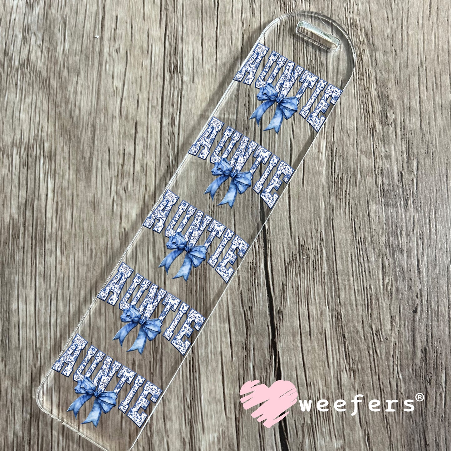 Auntie Blue Toile Bow UV DTF Bookmark Decal