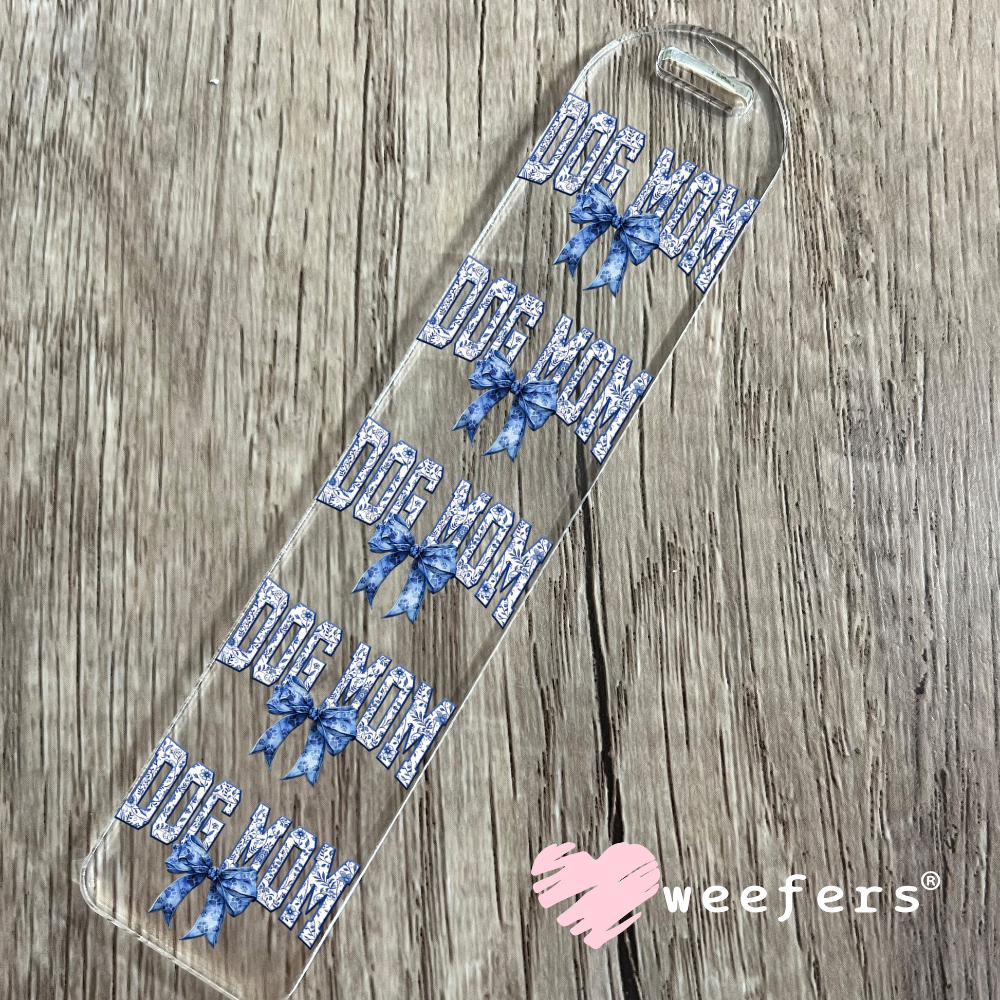 Dog Mom Blue Toile Bow UV DTF Bookmark Decal