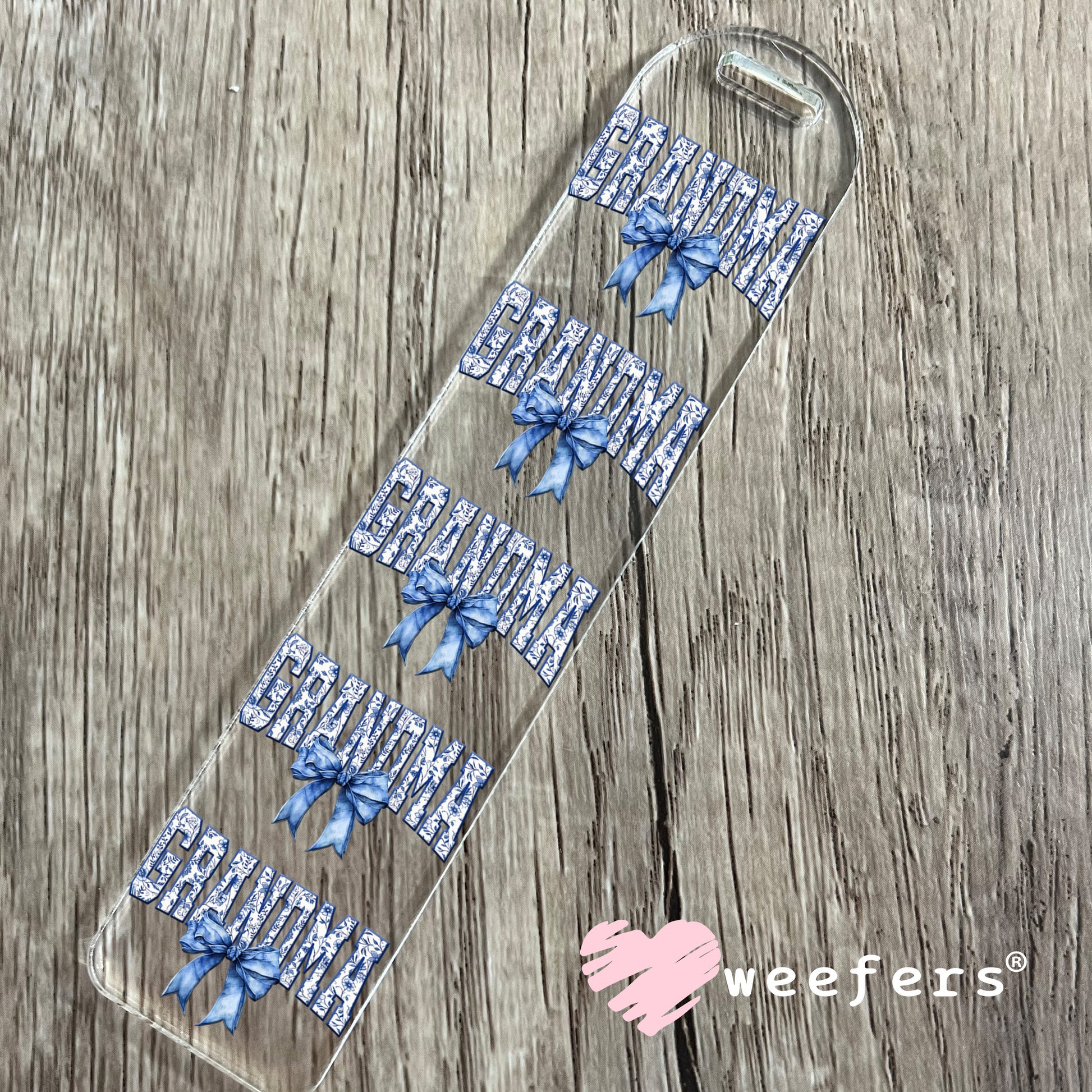 Grandma Blue Toile Bow UV DTF Bookmark Decal