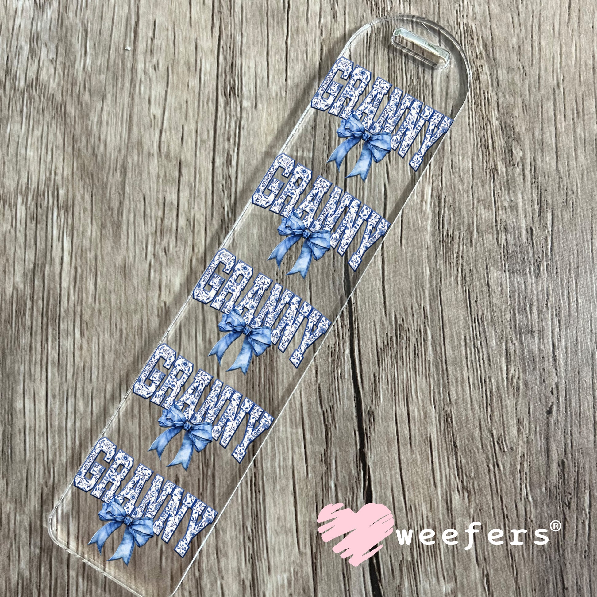 Granny Blue Toile Bow UV DTF Bookmark Decal