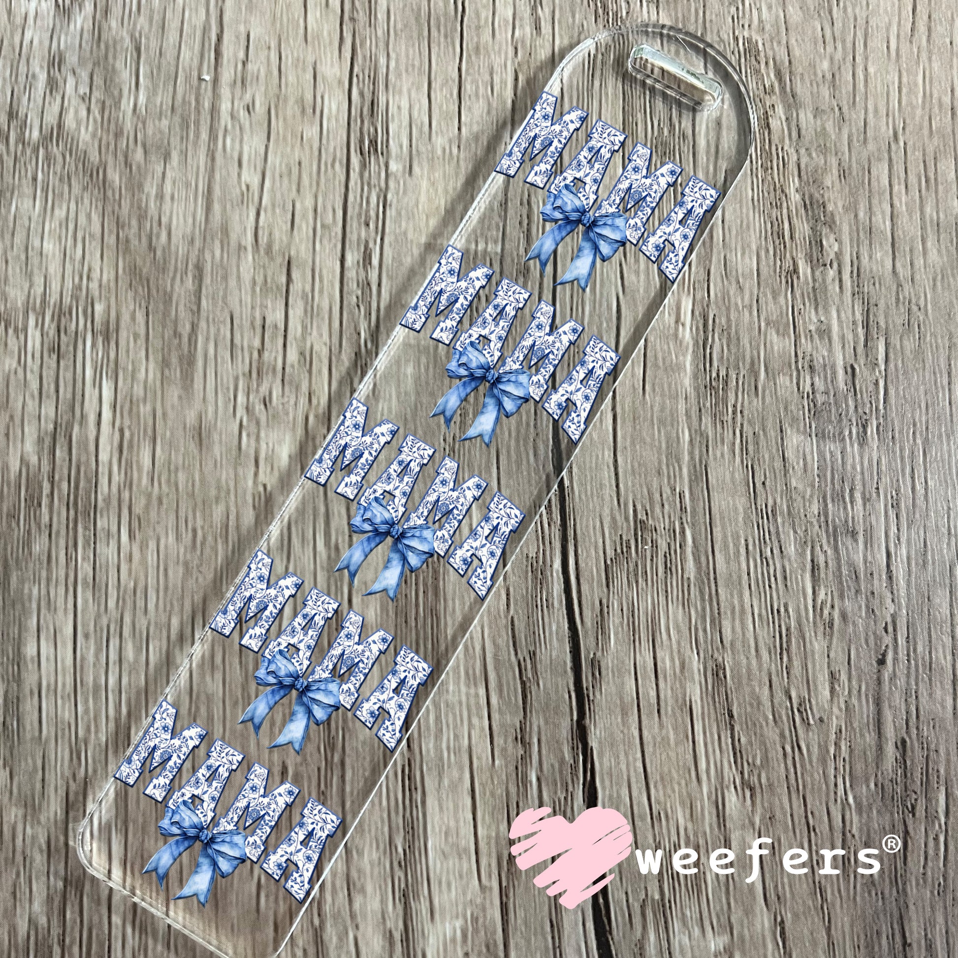 Mama Blue Toile Bow UV DTF Bookmark Decal